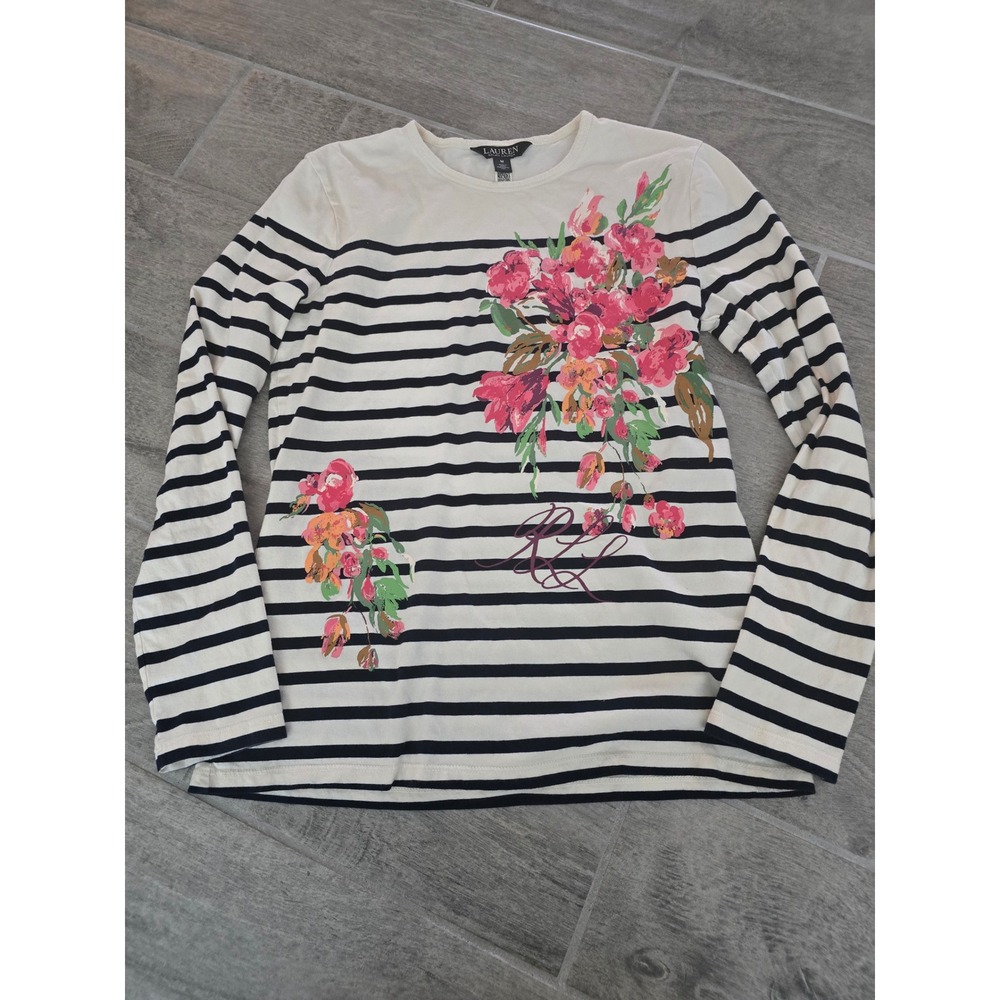 Black Label Ralph‎ Lauren Floral Striped Long Sleeve Crew Neck Casual Top Medium